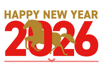 2026年と午年をイメージした数字をくぐるシルエットの午とhappy new yearの挨拶が書かれたイラスト
