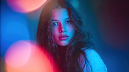 Portrait of a young woman with colorful artistic lighting and transparent background