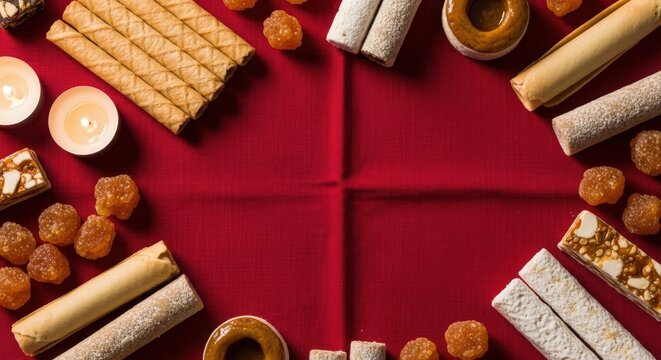 Andorran Christmas Sweets in Candlelight: Neules, Turr&oacute;n & Candied Fruits on Crimson Linen