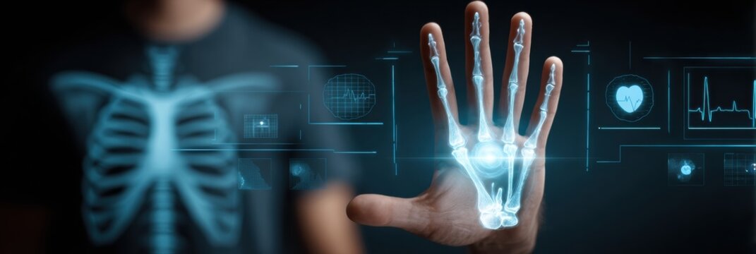 Futuristic Medical Technology Showcasing a Digital Hand and Skeletal Structure in a Clinical Environment - Powered by Adobe