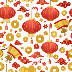 A seamless Chinese Lunar New Year pattern with red and gold motifs, coins, and lanterns. Perfect for packaging, cards, and festive decorative designs.