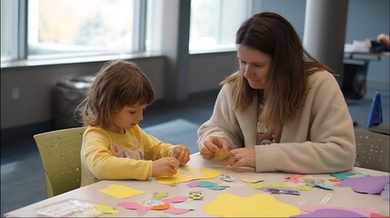 Child and adult creating colorful paper crafts together at bright table. DIY art activity with scissors, glue and shapes. Creative bonding and hands-on learning moment