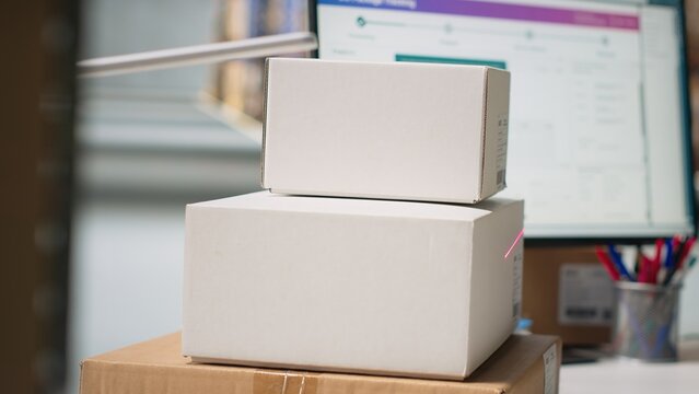 Female worker managing barcodes and shipment details scanning tasks for online shopping orders, goods with shipping labels awb numbers on boxes. Distribution hub staff in hi vis vest. Camera B.