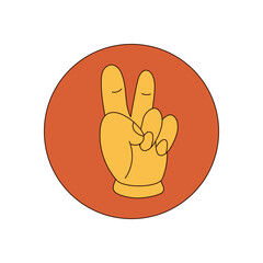 Groovy retro yellow hand sign as flat sticker label. Hippie symbol with positive and vintage style, circular package mark and y2k lid accent in vibrant color, ideal for sticker or label use.