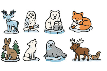 Animal wildlife outline icon set: charming forest and arctic animal icons collection
