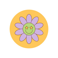Groovy retro smiley flower sticker in cute cartoon graphic style and bright yellow. Happy face forms the center of this playful groovy element, ideal as a fun seal for package or box. Colorful