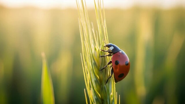 red and black-spotted ladybug gracefully climbs slender green wheat stalk The scene is bathed in warm soft golden light beautiful bokeh background of lush field