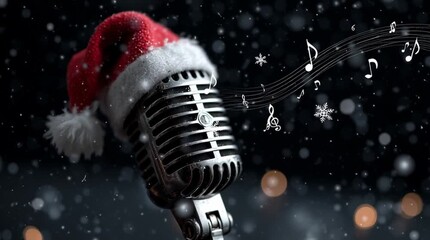 Retro microphone in santa hat surrounded by falling snow and flying music notes, festive christmas atmosphere, winter concert concept - Powered by Adobe