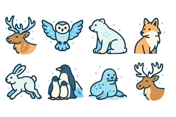 Winter wildlife icon set. 3d arctic animals, forest creatures, nature symbols