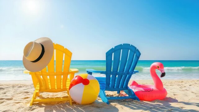 Sunny beach scene yellow chair with straw hat blue chair colorful beach ball and pink flamingo float on golden sand Turquoise waves meet clear blue sky perfect for summer relaxation
