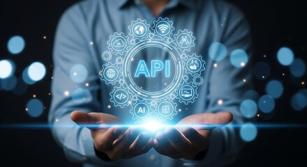 A professional showcasing a holographic Application Programming Interface display, a concept for business process automation and digital transformation
