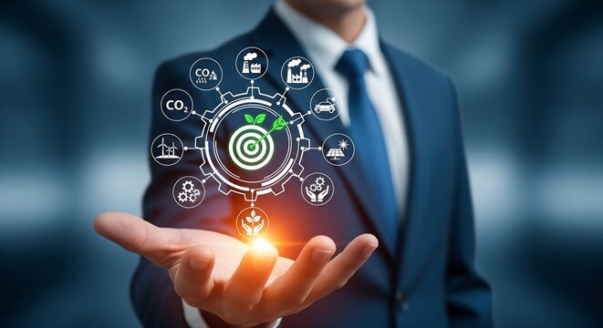 Business executive presenting a futuristic hologram interface focused on achieving sustainability goals, carbon neutrality, and eco-friendly industry practices - Powered by Adobe