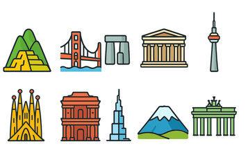 Fototapeta premium Landmark, monument outline icon set. famous world monuments outline style collection
