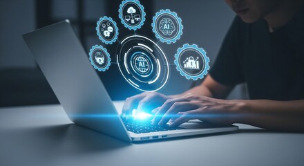 Individual using a laptop, engaging with a dynamic digital interface illustrating artificial intelligence, data processing, and secure cloud technology for innovative solutions