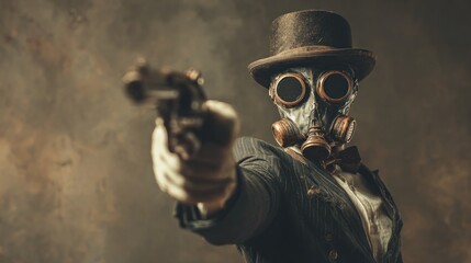 Steampunk figure with gas mask and revolver against atmospheric background