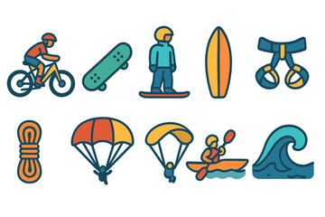 Extreme sports outline icon set for outdoor adventure and activities enthusiasts