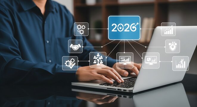Businessman's Hands Typing on Laptop, Interacting with Digital Overlay of 2026 Goal-Setting, Strategic Business Planning, and Technological Integration for Future Growth and Success - Powered by Adobe