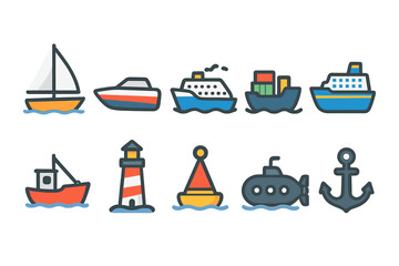 Marine, nautical line icon set. sailing, boats, ocean themed outline icons collection