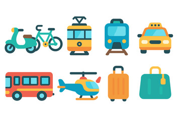 Transportation, vehicles glowing icon set. scooter, bicycle, taxi symbols flat design
