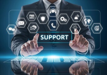 Business professional interacting with a digital interface displaying a support network of icons and symbols representing customer service and technical assistance