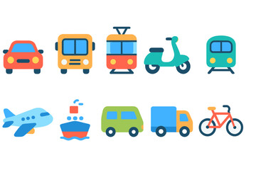 Transportation neon icon set. bright travel and vehicle icons in neon style.