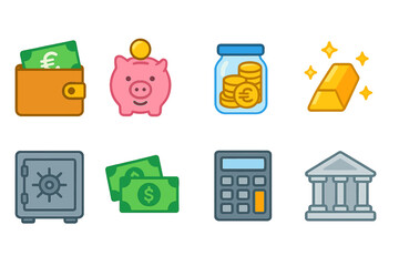 Finance and banking flat icon set. money, investment, savings, and currency icons pack.