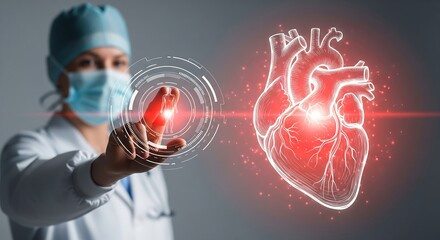 Female cardiologist using advanced holographic technology to analyze a digital human heart, representing the future of cardiovascular care and medical innovation