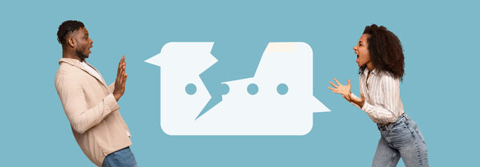 Two individuals stand facing each other, showing strong emotions through their gestures. They create a lively atmosphere with a unique graphic element in the background.