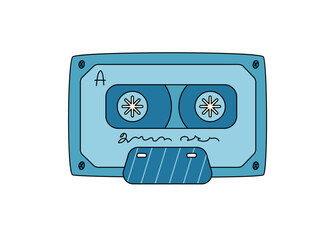 Groovy retro blue cassette cartoon sticker in funky style. Vintage music tape and audio element, y2k vibe and groovy element, fun for trendy nostalgic collections.