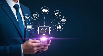 Digital marketing strategy and online advertising success, with business growth and customer engagement through social media icons and analytics on a smartphone screen