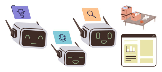 Three AI robots with task icons for creativity, research, and web. Table with files and browser window. Ideal for AI technology, teamwork, automation, research, creativity innovation online tools