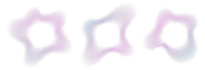 Sound equalizer icons with lines and dots, gradient neon circular sound wave frames, abstract radial music icons. Audio beat symbol concept isolated on white. Vector illustration.