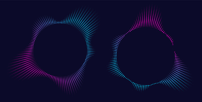 Sound equalizer icons with lines and dots, gradient neon circular sound wave frames, abstract radial music icons. Audio beat symbol concept isolated on dark background. Vector illustration.