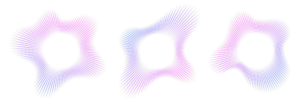 Sound equalizer icons with lines and dots, gradient neon circular sound wave frames, abstract radial music icons. Audio beat symbol concept isolated on white. Vector illustration.