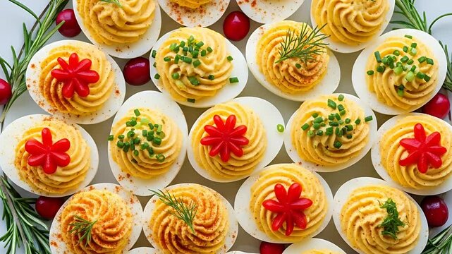 Elegant platter of deviled eggs beautifully garnished with fresh herbs paprika and red pepper flowers for a festive touch