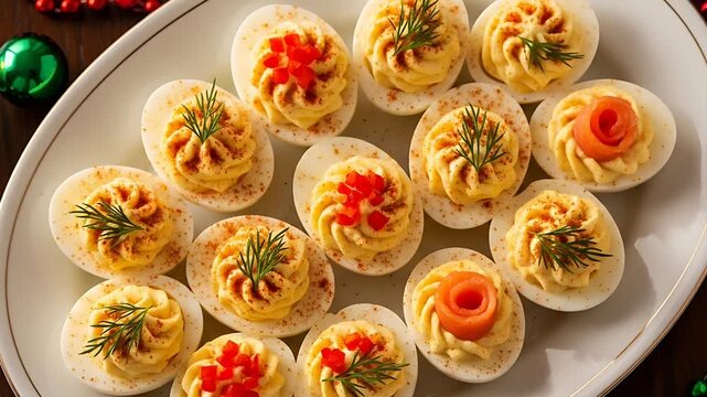 Festive platter of deviled eggs garnished with dill paprika salmon and red pepper set amongst holiday decorations and candles