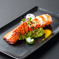 Lobster Tail in Shell on Green Purée with Artistic Sauces for Etsy Gourmet Food Display