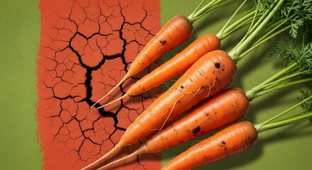 A group of carrots lying on a background with cracked earth art