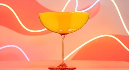 Close up of an orange liquid in a glass with a colorful background
