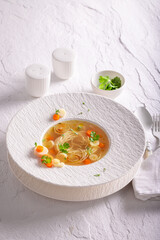 Exclusive broth soup as culinary artistry on plate.