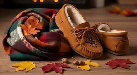 Still life of moccasins scarf and leaves on wooden surface indoors