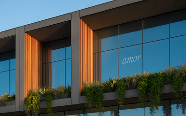 Fototapeta premium Modern building facade with green plants contemporary architecture with clean lines urban design