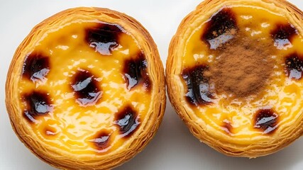 Two delicious egg custard tarts with flaky crusts sit side - by - side on a white plate one dusted with cinnamon - Powered by Adobe