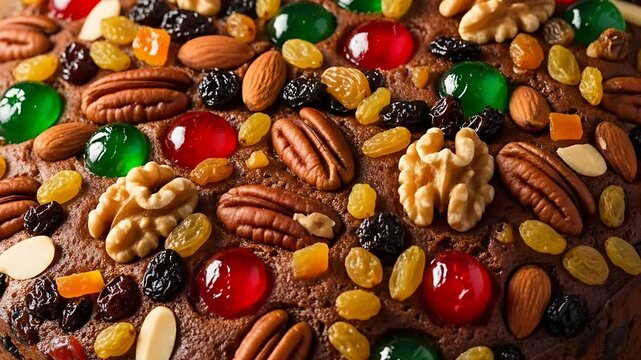 Festive fruitcake topped with glazed cherries pecans almonds walnuts and raisins presented on a wooden board