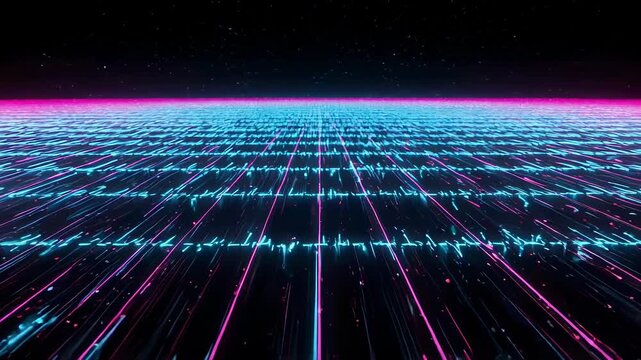 An abstract illustration of a colorful digital landscape in vibrant neon colors. A starry night