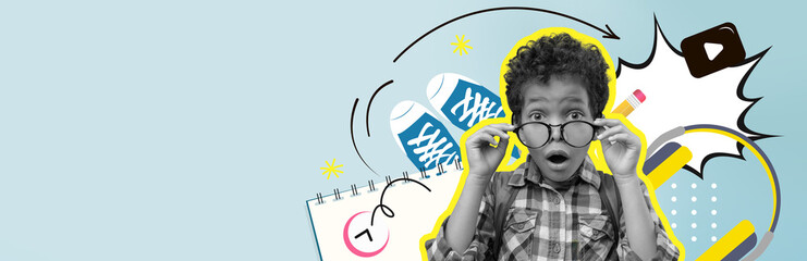 A collage features a surprised boy adjusting his glasses, surrounded by fun elements like blue sneakers and cheerful designs. This playful scene captures a moment of wonder and excitement.