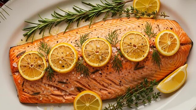 Festive salmon fillet with lemon slices rosemary and thyme on a white platter A delicious and elegant meal for holiday gatherings