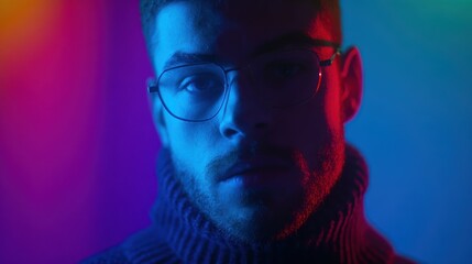 Man with glasses portrait with colorful neon lighting transparent background