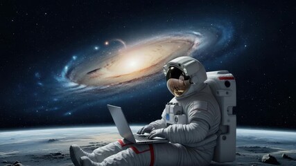 astronaut in white suit sits on desolate lunar surface working on laptop Behind them vibrant spiral galaxy illuminates the star-filled cosmos with faint planetary horizon in view