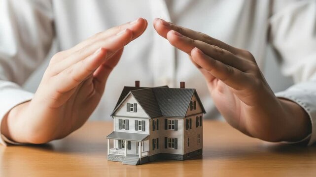persons hands form an arch over detailed miniature white house model with dark gray roof shutters and porch sitting on wooden table symbolizing protection or home insurance